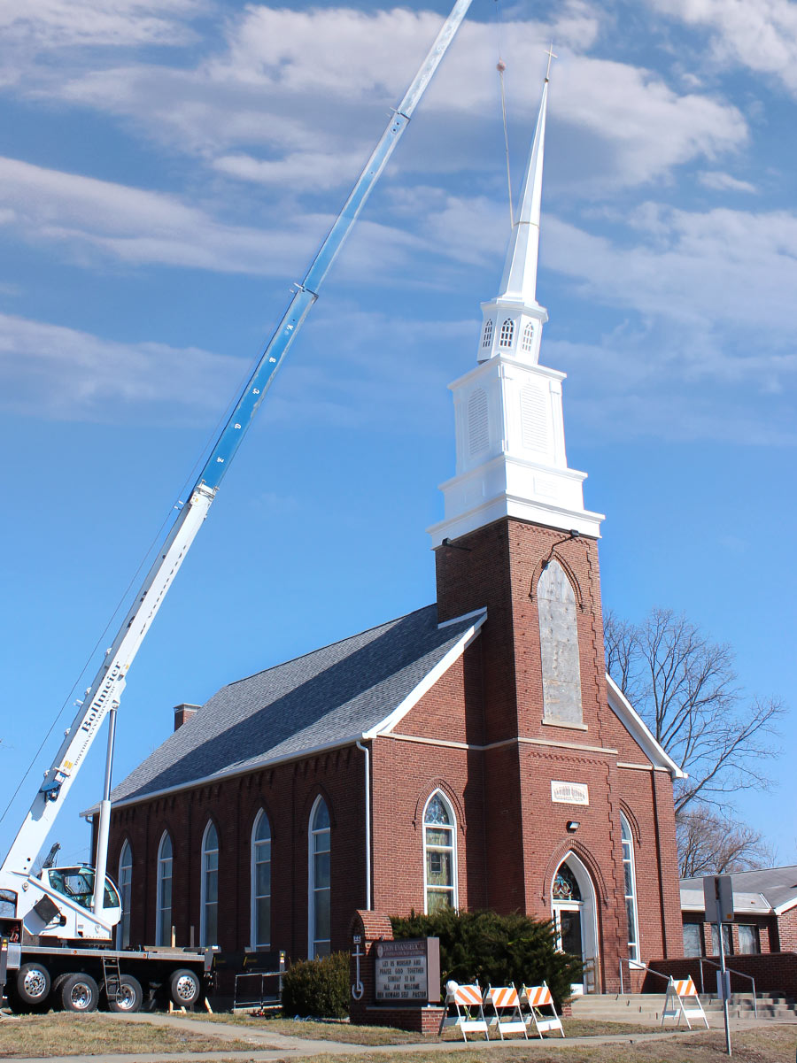 Steeple being placed on Hoyleton Zion Evangelical United Church Of Christ in Mt. Vernon, Illinois