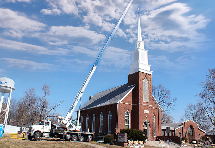 Crane above Steeple on Hoyleton Zion Evangelical United Church Of Christ in Mt. Vernon, Illinois
