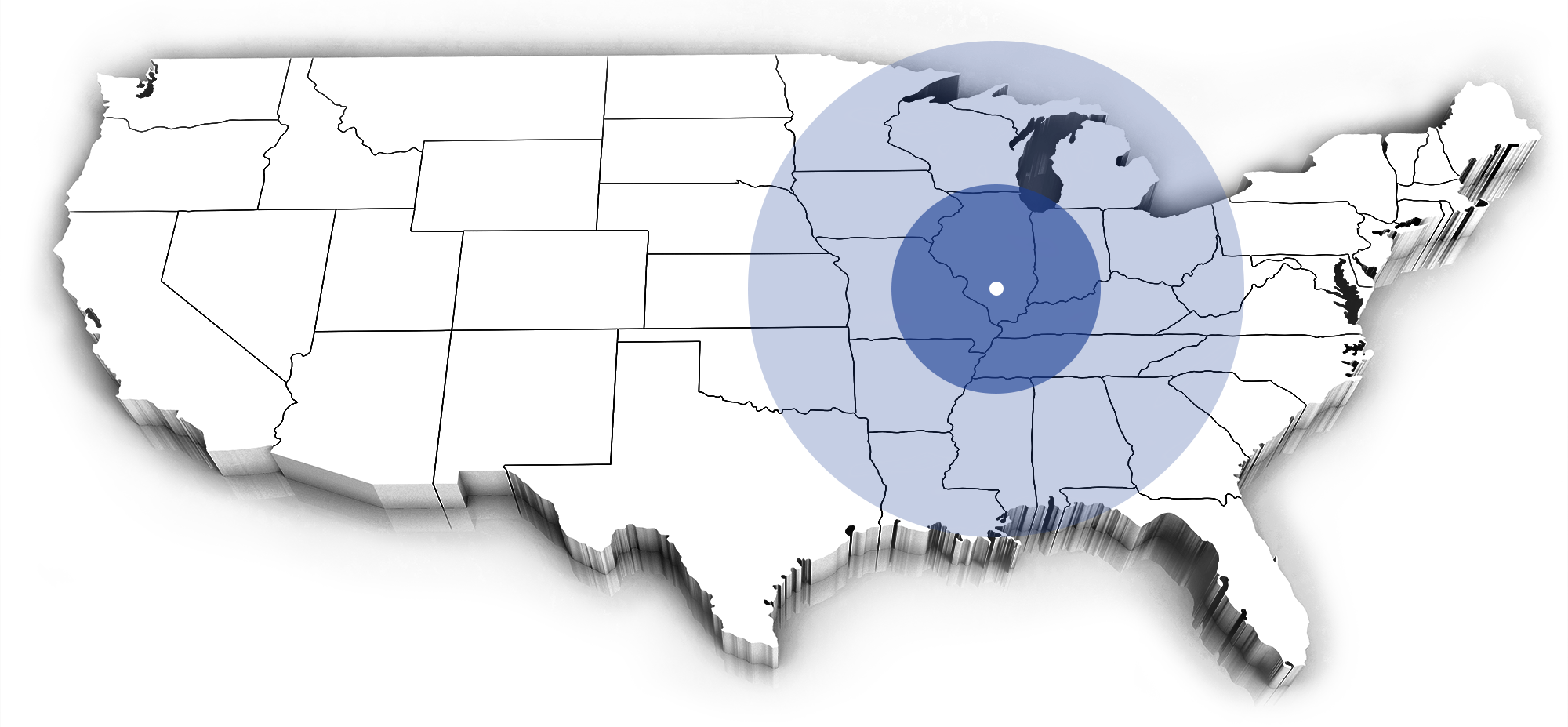 Extruded view of the United States Illustrating the Geographical Reach of Shores Builders
